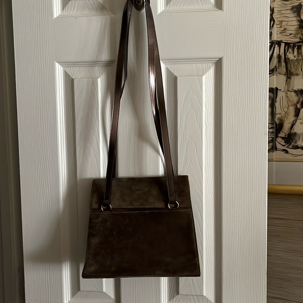 Salvatore Ferragamo suede olive/grey handbag with long shoulder straps